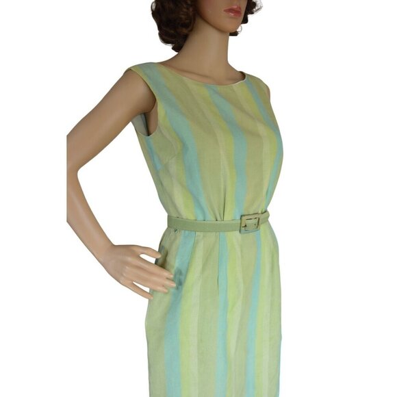 Vintage 60s Handmade Pastel Blue Green Striped Shift Belted Dress Womens Size XS - Picture 2 of 11